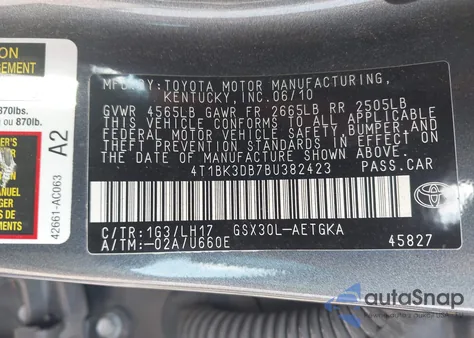 2011 Toyota Avalon из США, поврежденный, VIN 4T1BK3DB7BU382423